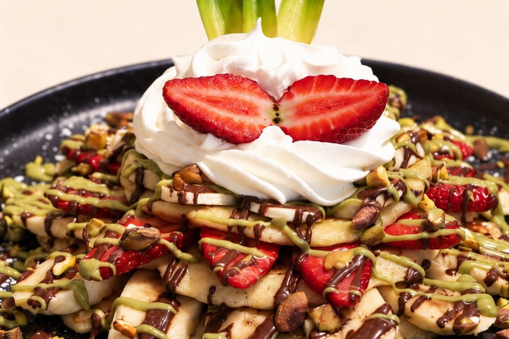 Crêpe aux pistaches, fraises et bananes