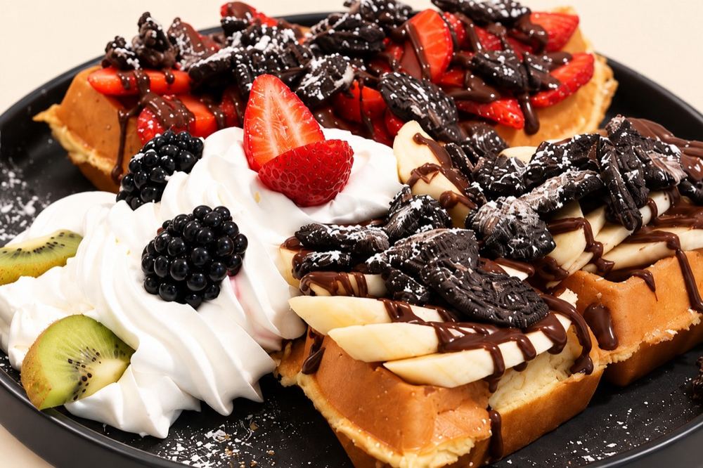 Gaufre Oreo garnie de fraises, bananes et chocolat